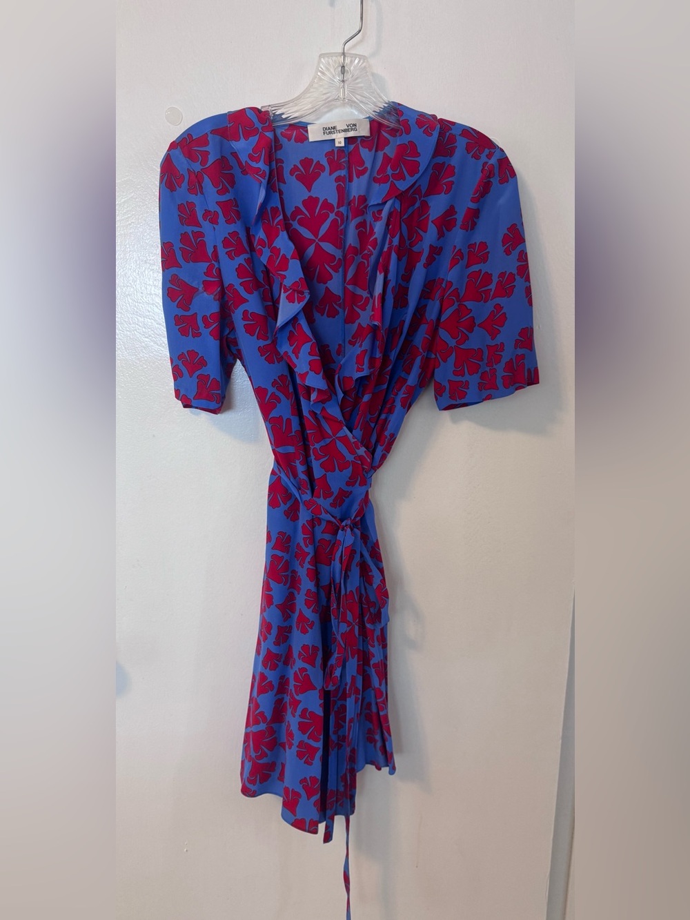 Diane Von Furstenberg Blue with Red Floral Midi Wrap Dress